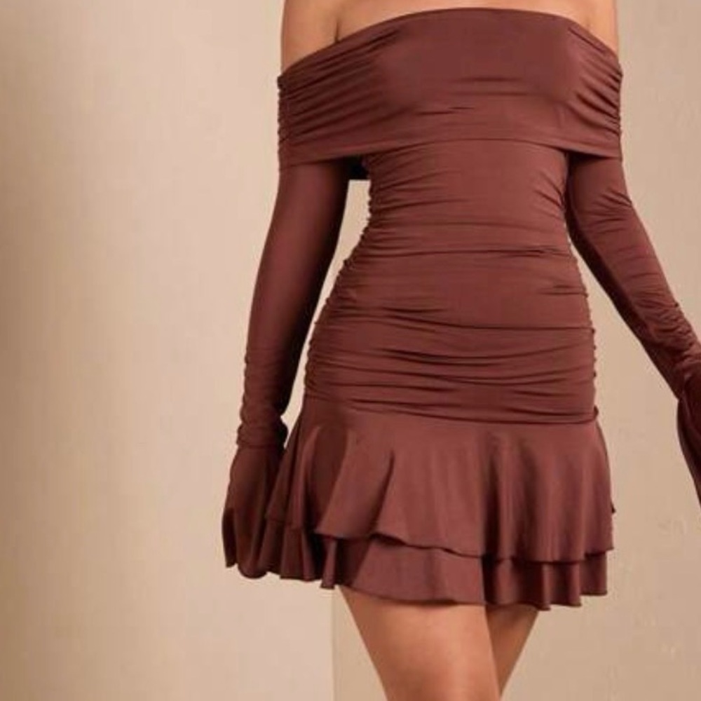 Off-Shoulder Long Sleeve Brown Dress